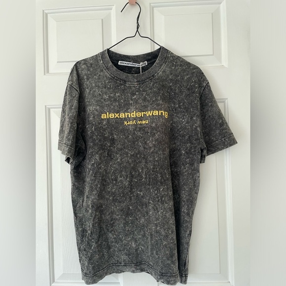 Alexander Wang Unisex Acid Washed Tee with Embroidered Logo in Acid Black - Picture 4 of 12
